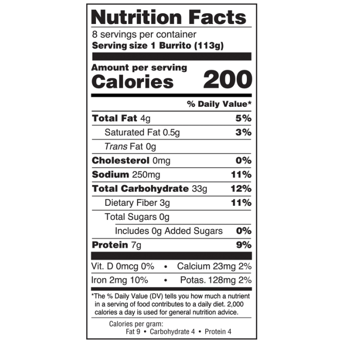 Bean and cheese burrito nutrition