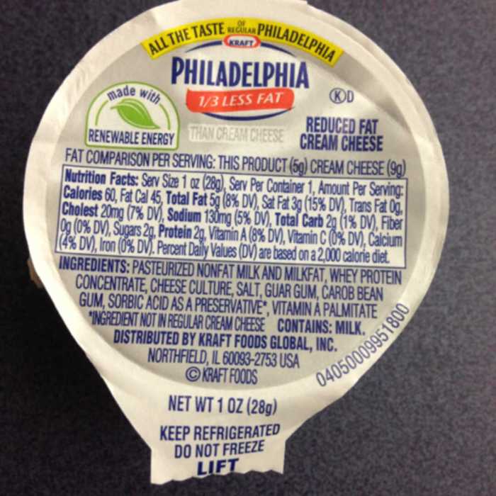 Light cream cheese nutrition label