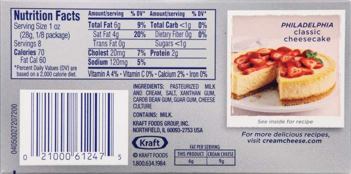 Light cream cheese nutrition label