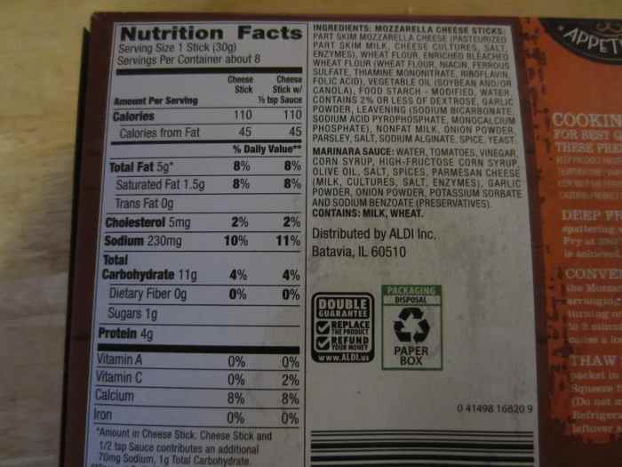 Mozzarella cheese sticks nutrition facts